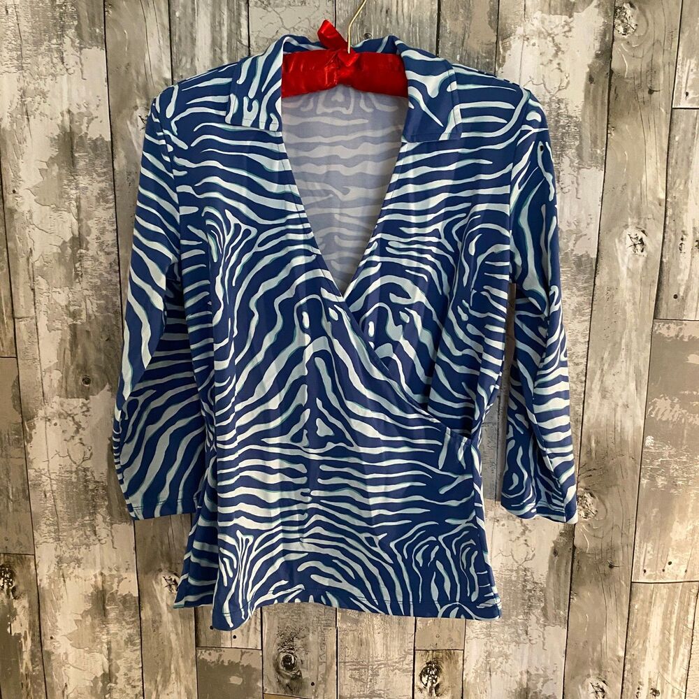 J. Mclaughlin blue faux wrap zebra print collar top XS